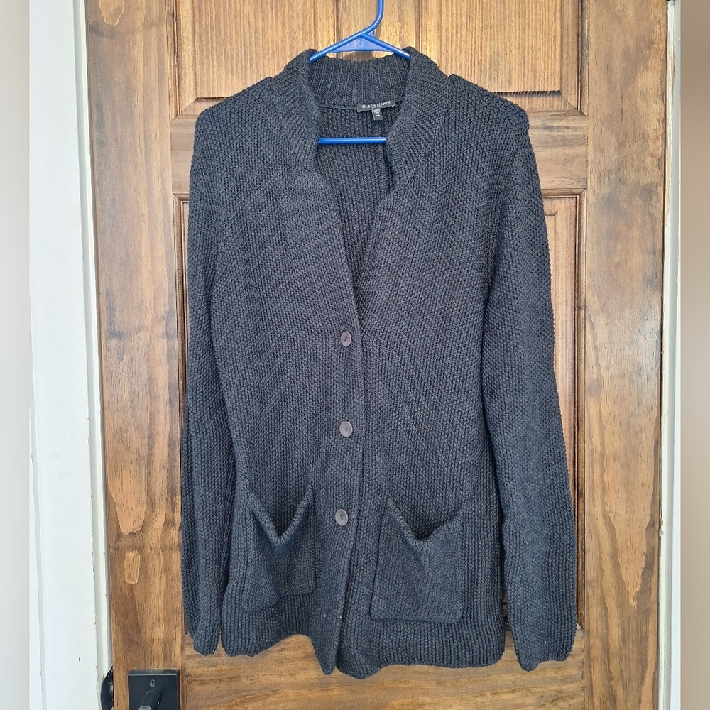 Eileen Fisher 100% Merino Wool Cardigan Womens Petite Medium Dark Gray Button Up